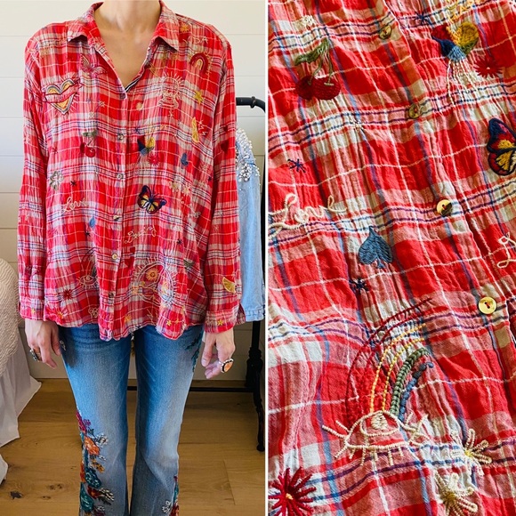 Johnny Was Tops - ♥️ Johnny Was ♥️ Red Plaid Embroidered Blouse